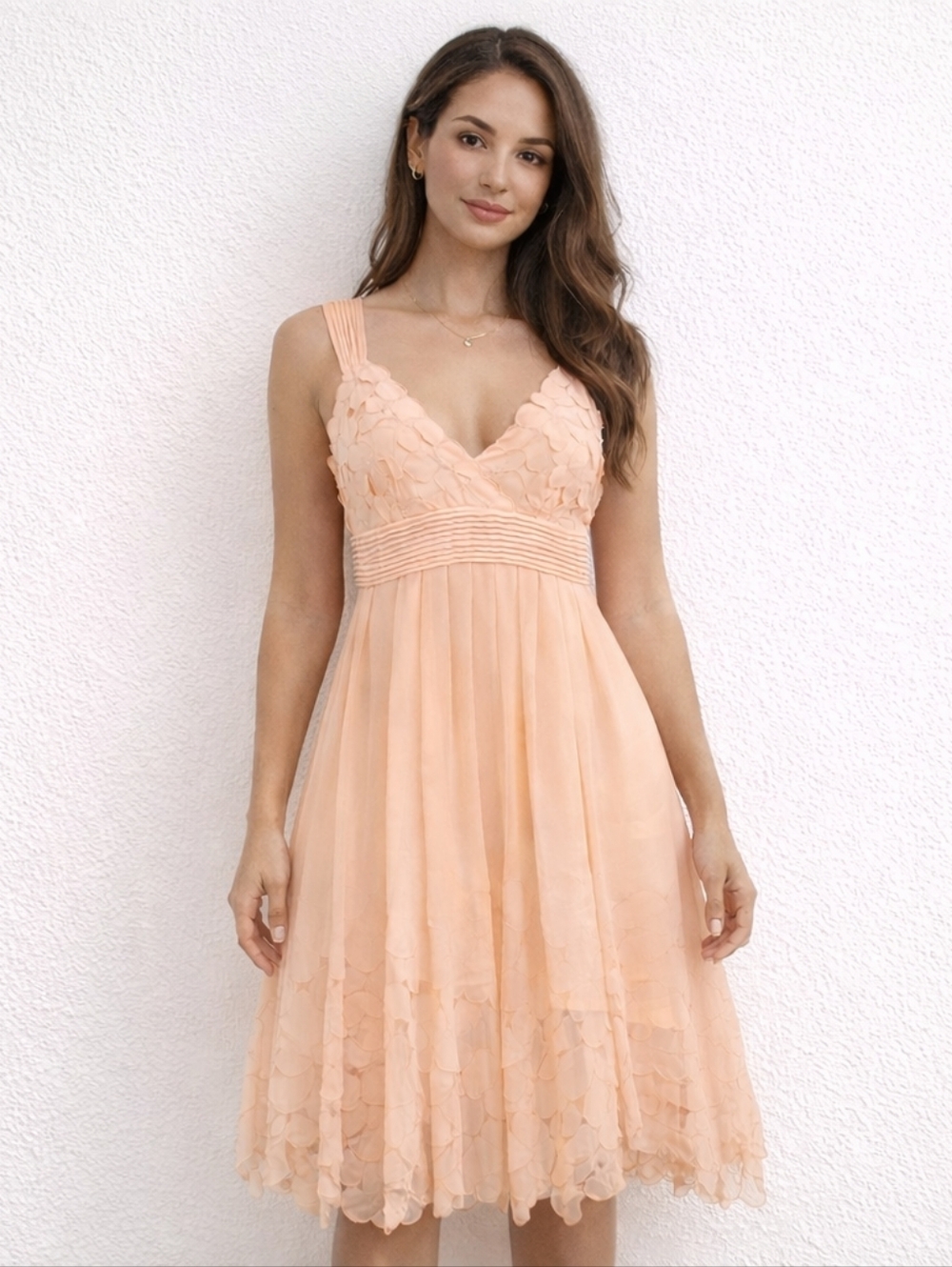 Antonio Melani Peach Embellished V-Neck Midi Dress Size 2 Pastel Garden Wedding